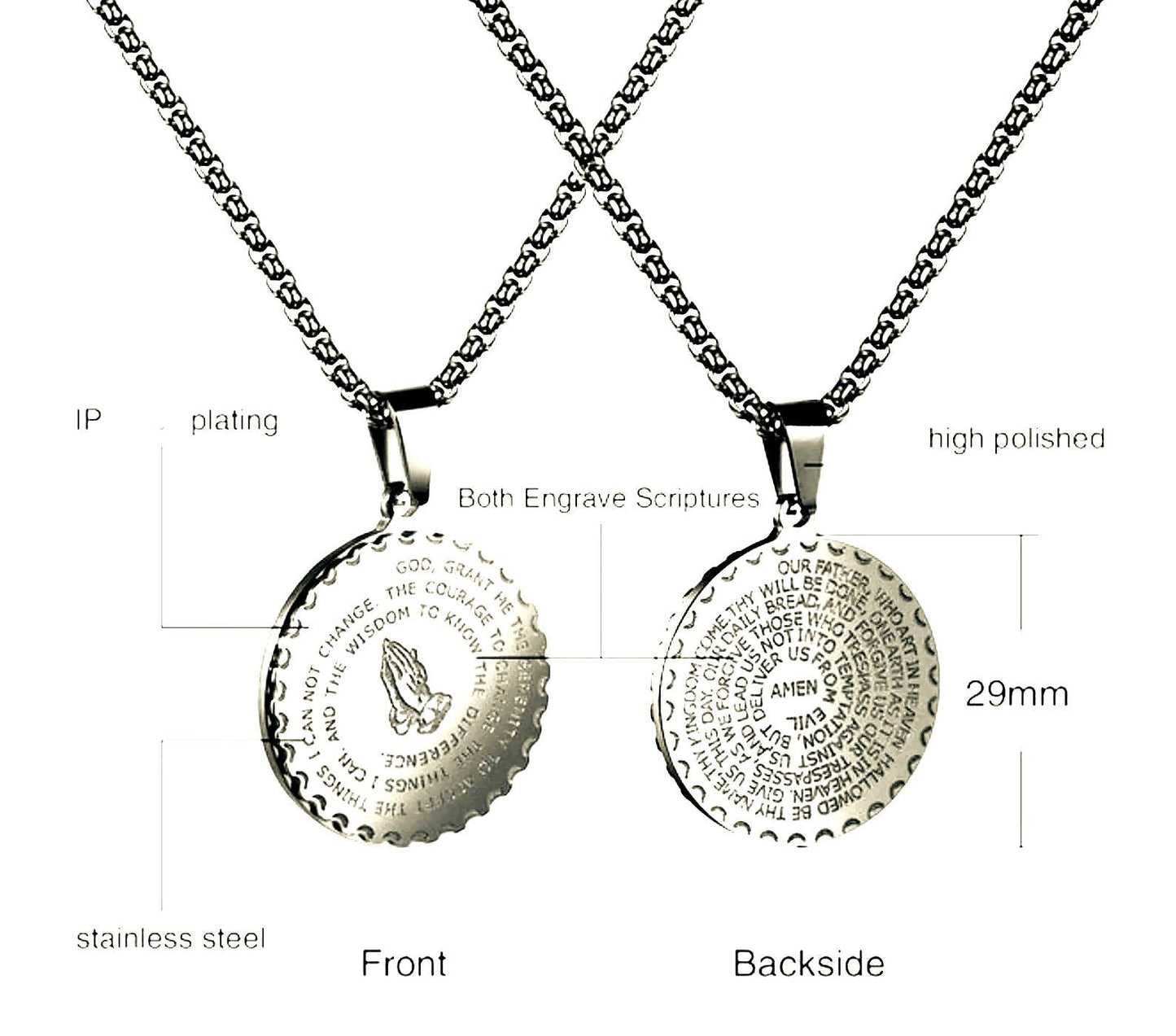 Spiral serenity prayer necklace round our father medal lord's prayer serene bible verse prayer hands jerusalem stainless 12 step AA