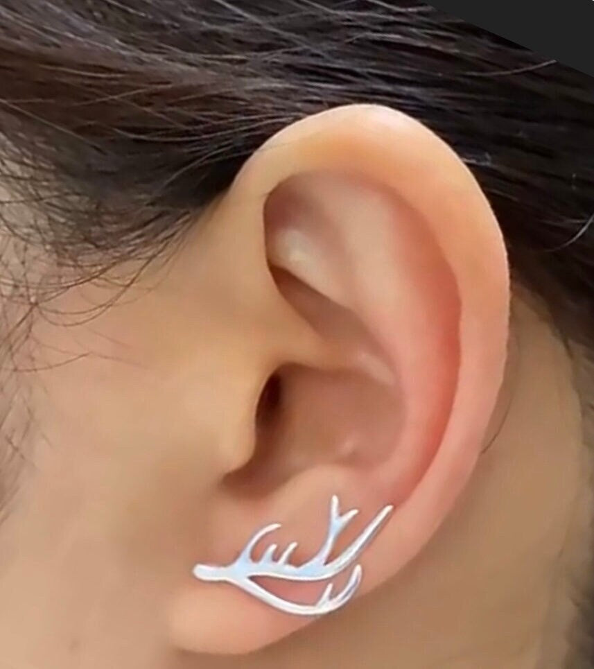 Silver Elk Deer Antlers Earrings Sideways Ear Climber Stud Hikers Wanderlust Bikers Minimalist Stainless Steel Hypoallergenic Outdoor Enthusiasts