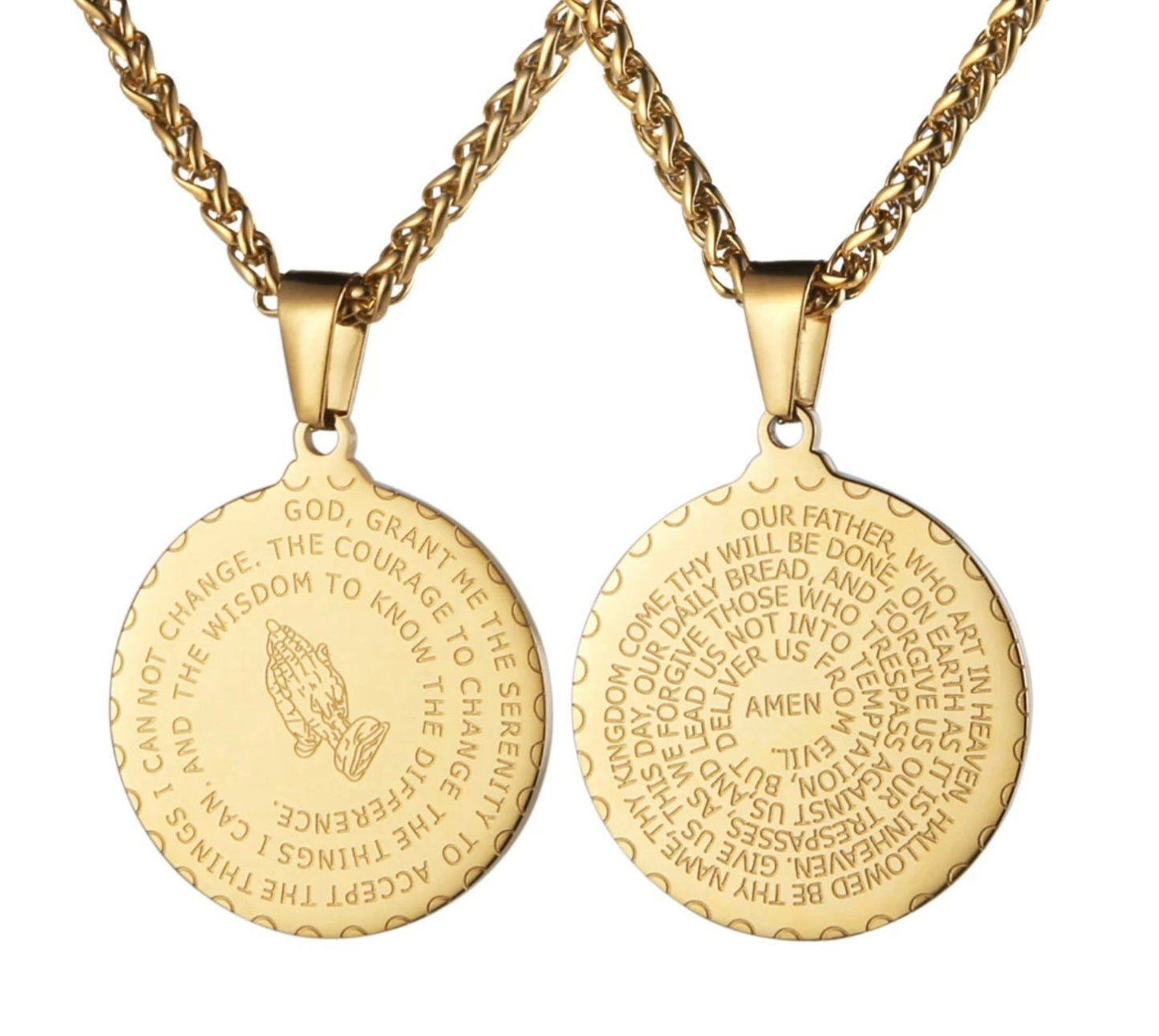 Spiral serenity prayer necklace round our father medal lord's prayer serene bible verse prayer hands jerusalem stainless 12 step AA