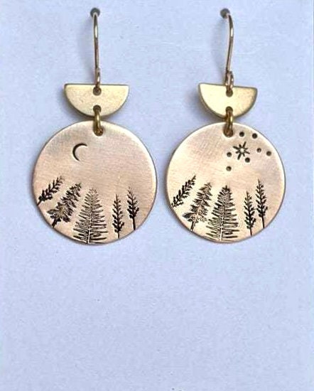 Mountain Moon and Star Earrings pine tree jewelry Hikers Wanderlust Bikers Minimalist Jewelry Set for Woman