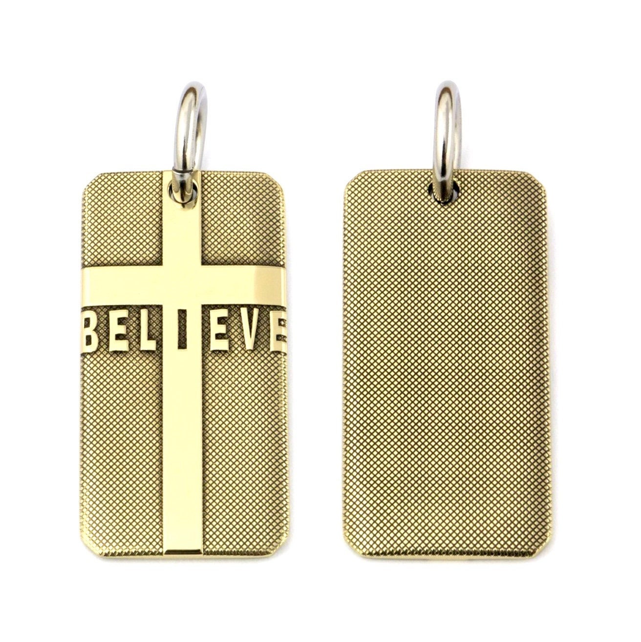 Solid brass BELIEVE dog tag cross necklace pendant detail engraved cross hatch biker heavy box chain jewelry