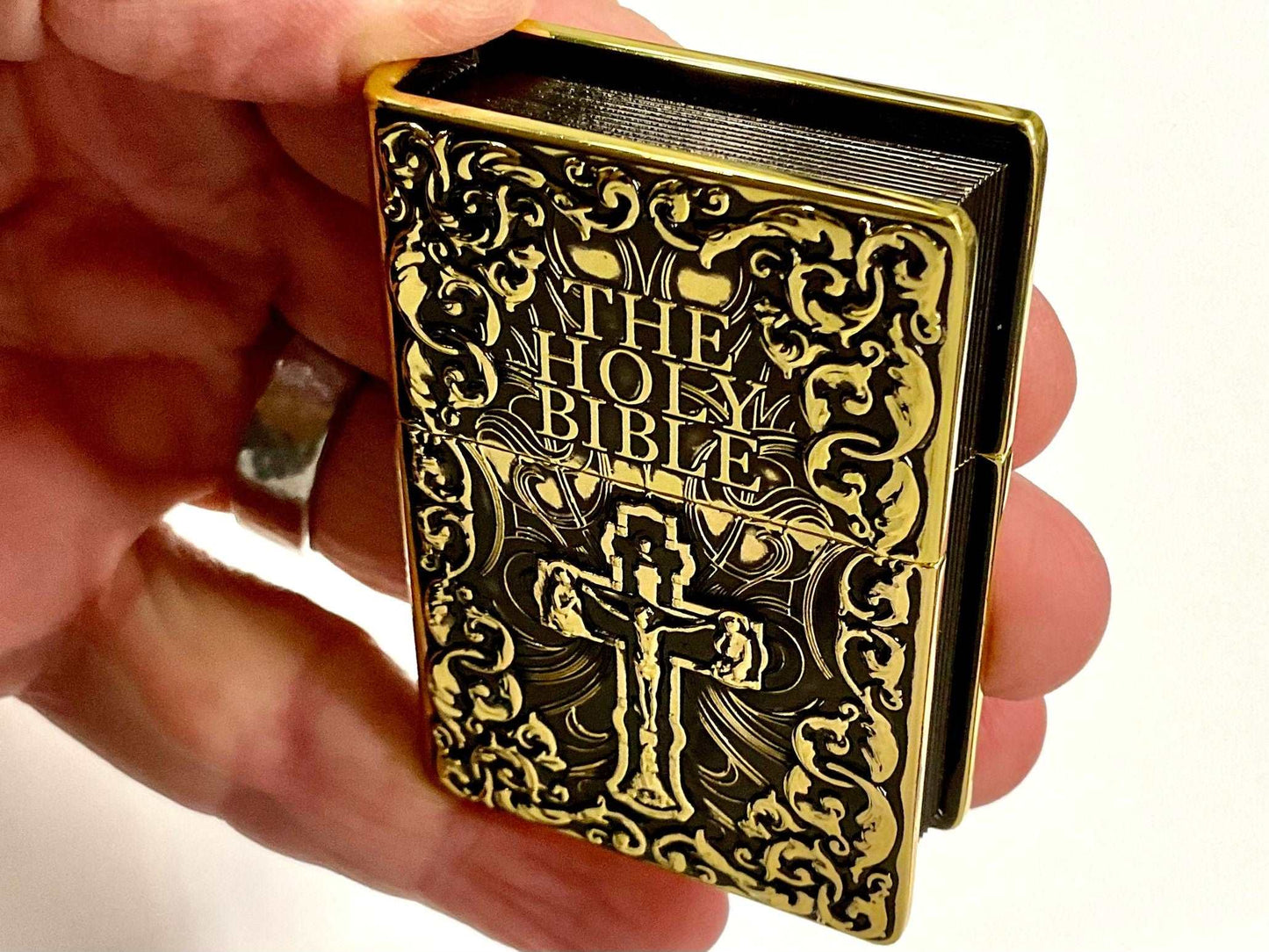 Cross lighter holy bible heavy bronze crucifix deep embossed filigree designed antiqued accents god jesus christian jewelry