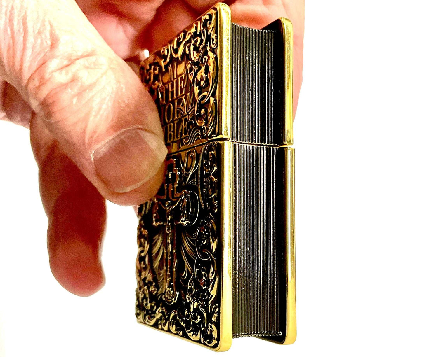 Cross lighter holy bible heavy bronze crucifix deep embossed filigree designed antiqued accents god jesus christian jewelry