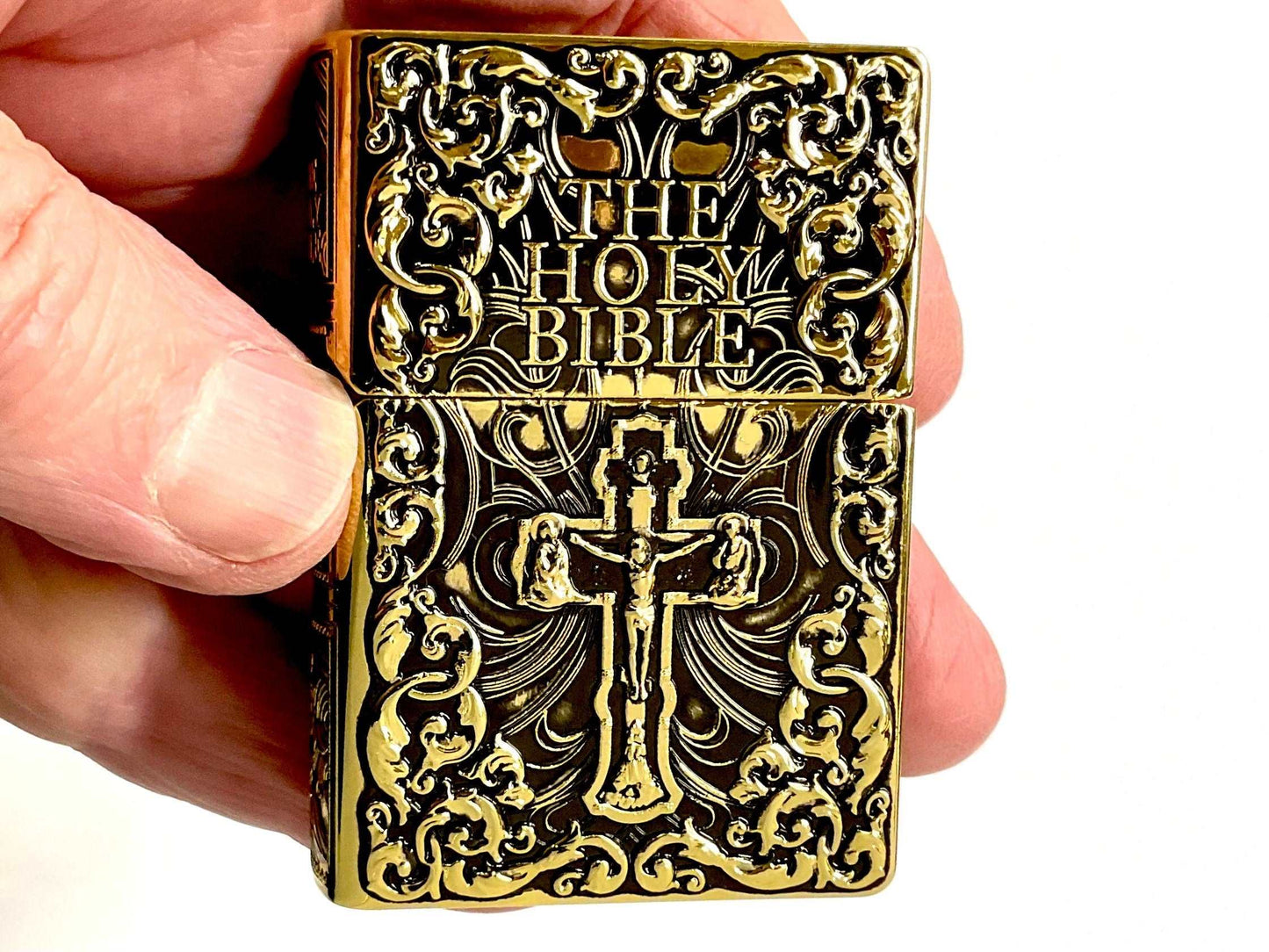 Cross lighter holy bible heavy bronze crucifix deep embossed filigree designed antiqued accents god jesus christian jewelry