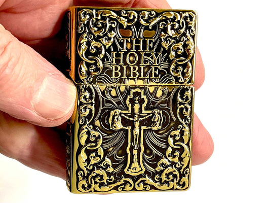 Cross lighter holy bible heavy bronze crucifix deep embossed filigree designed antiqued accents god jesus christian jewelry