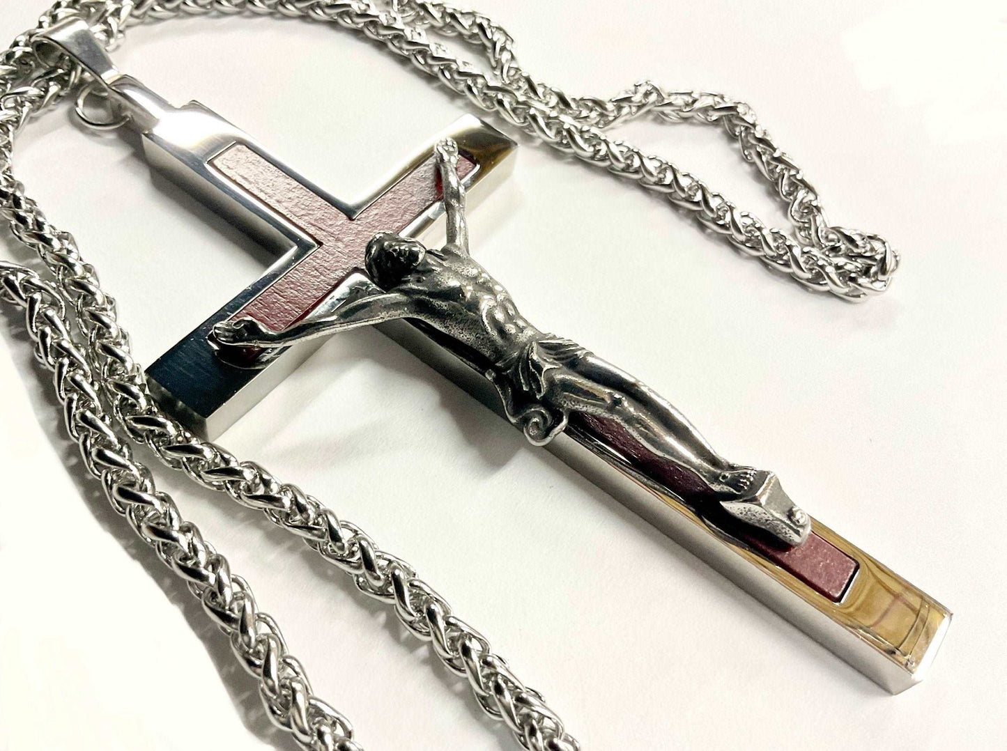 Behemoth wood inlayed crucifix cross necklace for men man women stainless steel large hypoallergenic cross 2
