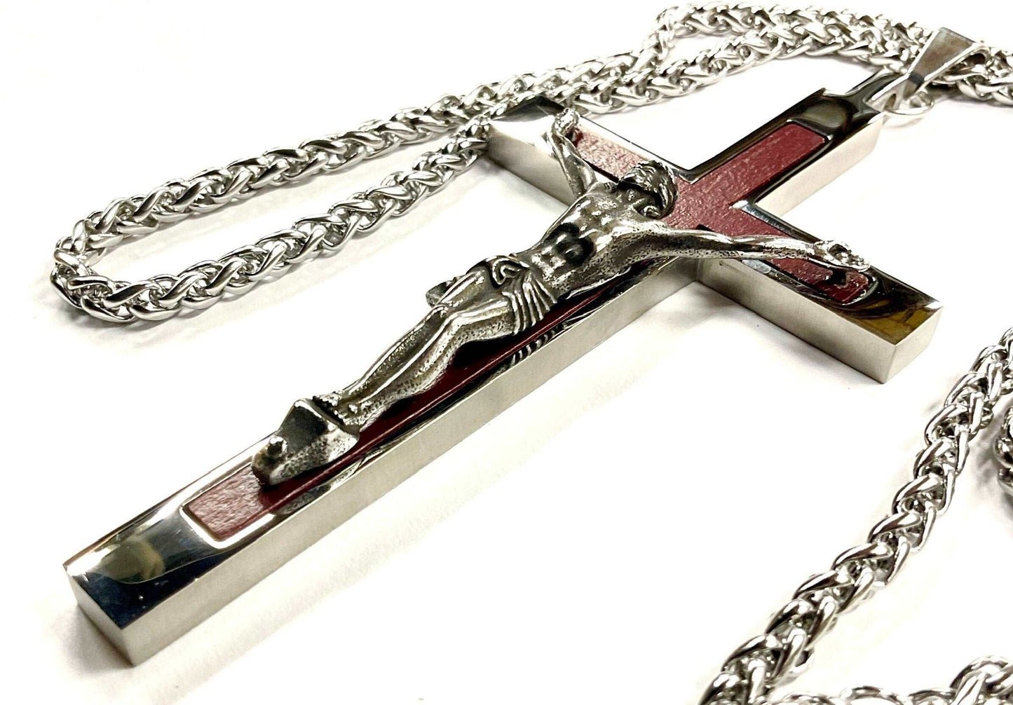 Behemoth wood inlayed crucifix cross necklace for men man women stainless steel large hypoallergenic cross 2