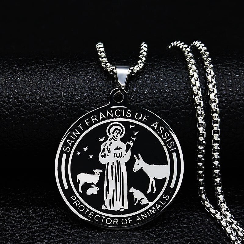 Saint Francis of Assisi Medal Protector of animals environment Black Enamel Stainless Steel Pendants Patron Saint Police Officers Soldiers