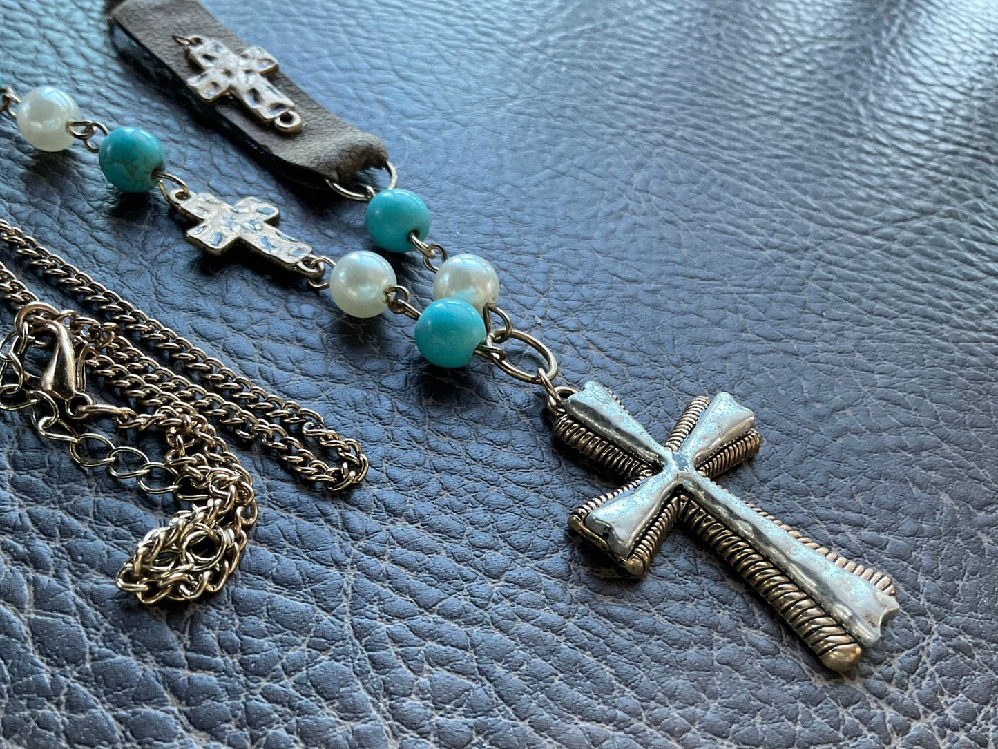 White and Blue Boho Cross Necklace Hammered Finish Multi Color Bohemian Bead Charms Woman Jewelry jewellery