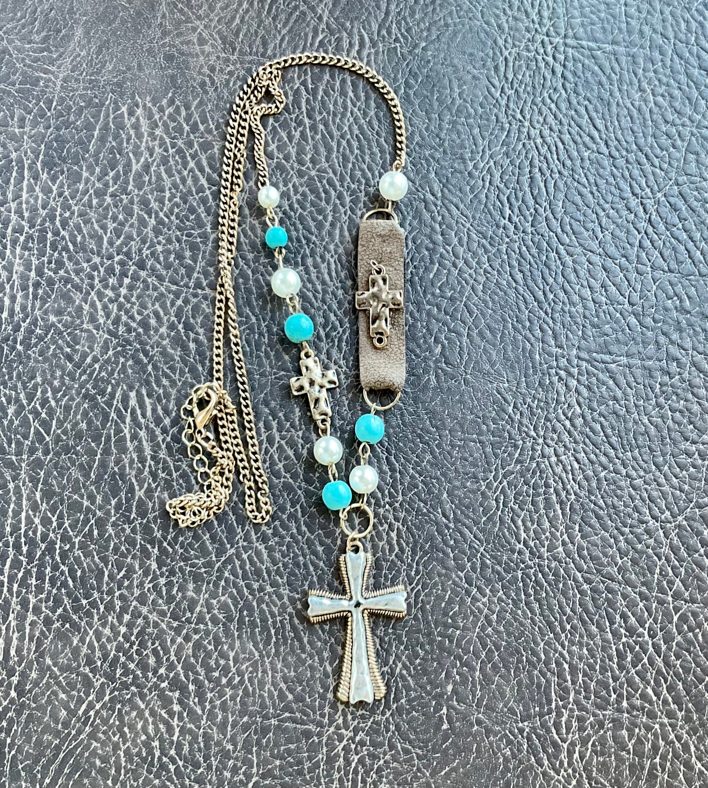 White and Blue Boho Cross Necklace Hammered Finish Multi Color Bohemian Bead Charms Woman Jewelry jewellery