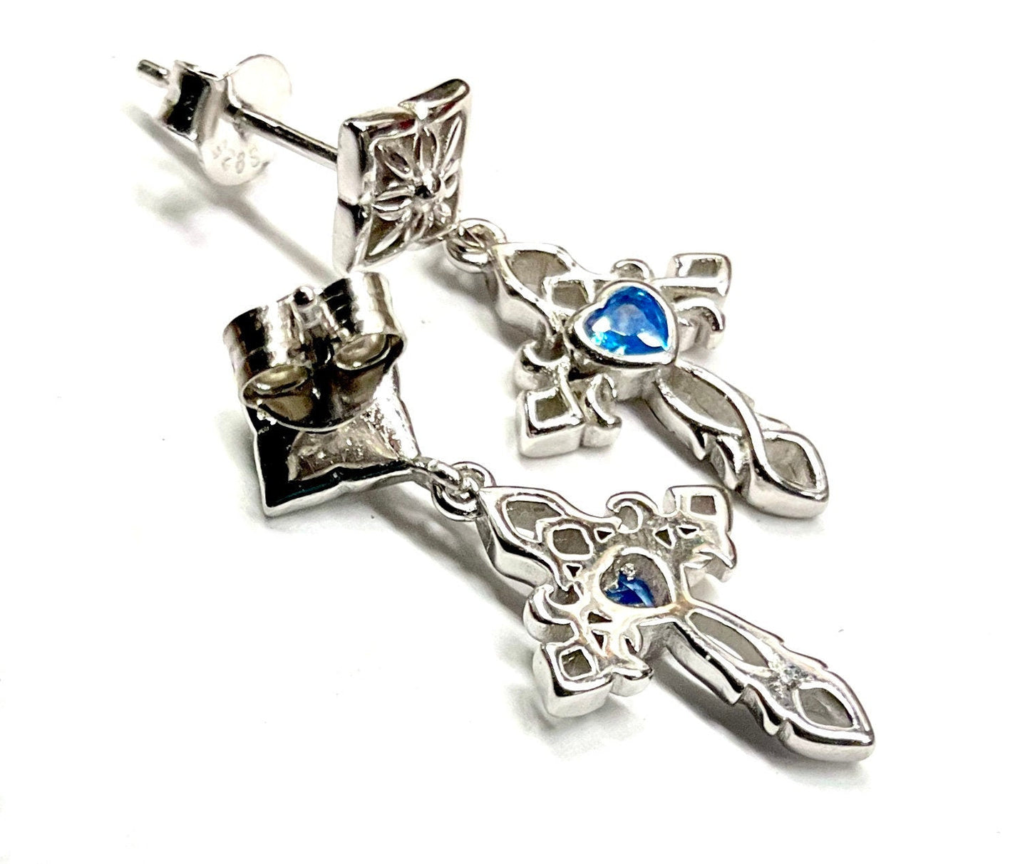 Solid Sterling Silver Cross Blue Zircon Earrings Sacred Heart Dangle S925 Hypoallergenic Elegant Dainty Sparkling Jewelry young girls women