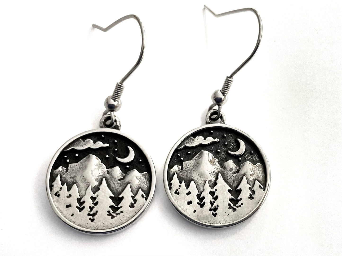 Mountain Moon and Stars Earring Scene with pine trees drop dangle Hike Bike Fish Wanderlust cross country ski Minimalist Jewelry for Woman
