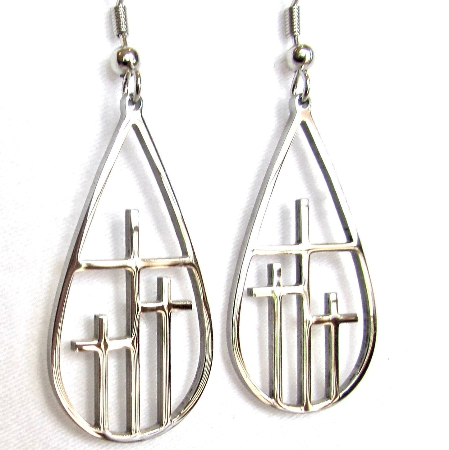 Teardrop 3 cross earrings necklace silver or gold triple crosses drop earrings teardrop hoop