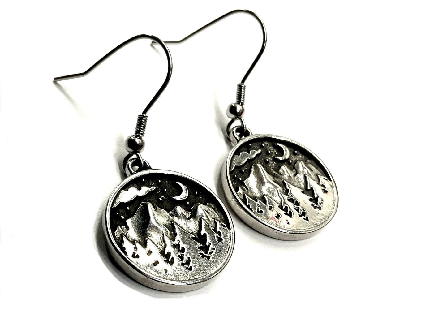 Mountain Moon and Stars Earring Scene with pine trees drop dangle Hike Bike Fish Wanderlust cross country ski Minimalist Jewelry for Woman