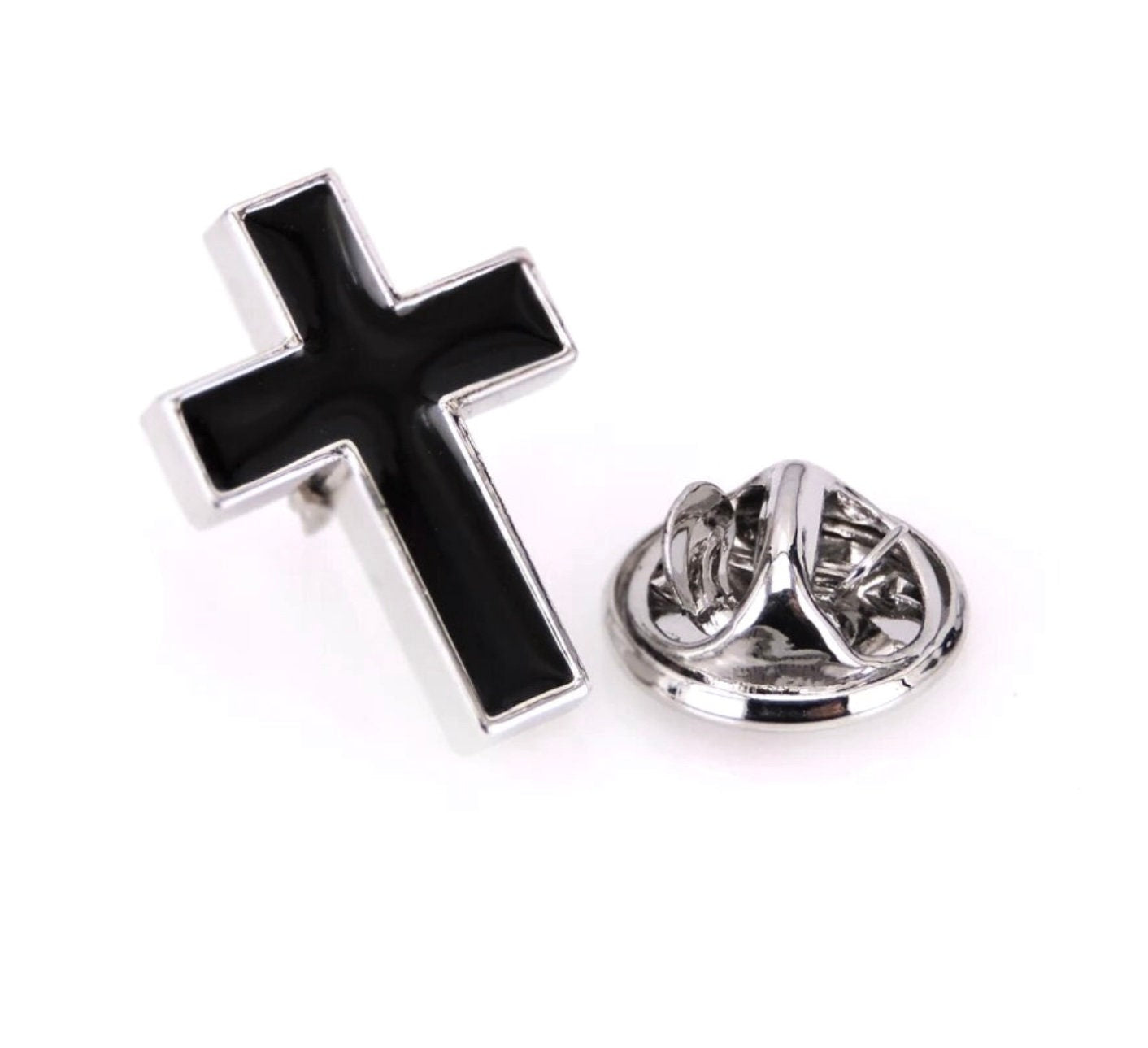 Set - Cross Tie Tack Clip Cuff Links Black and Silver Wedding Tuxedo Suit and Tie crucifix cross Jesus