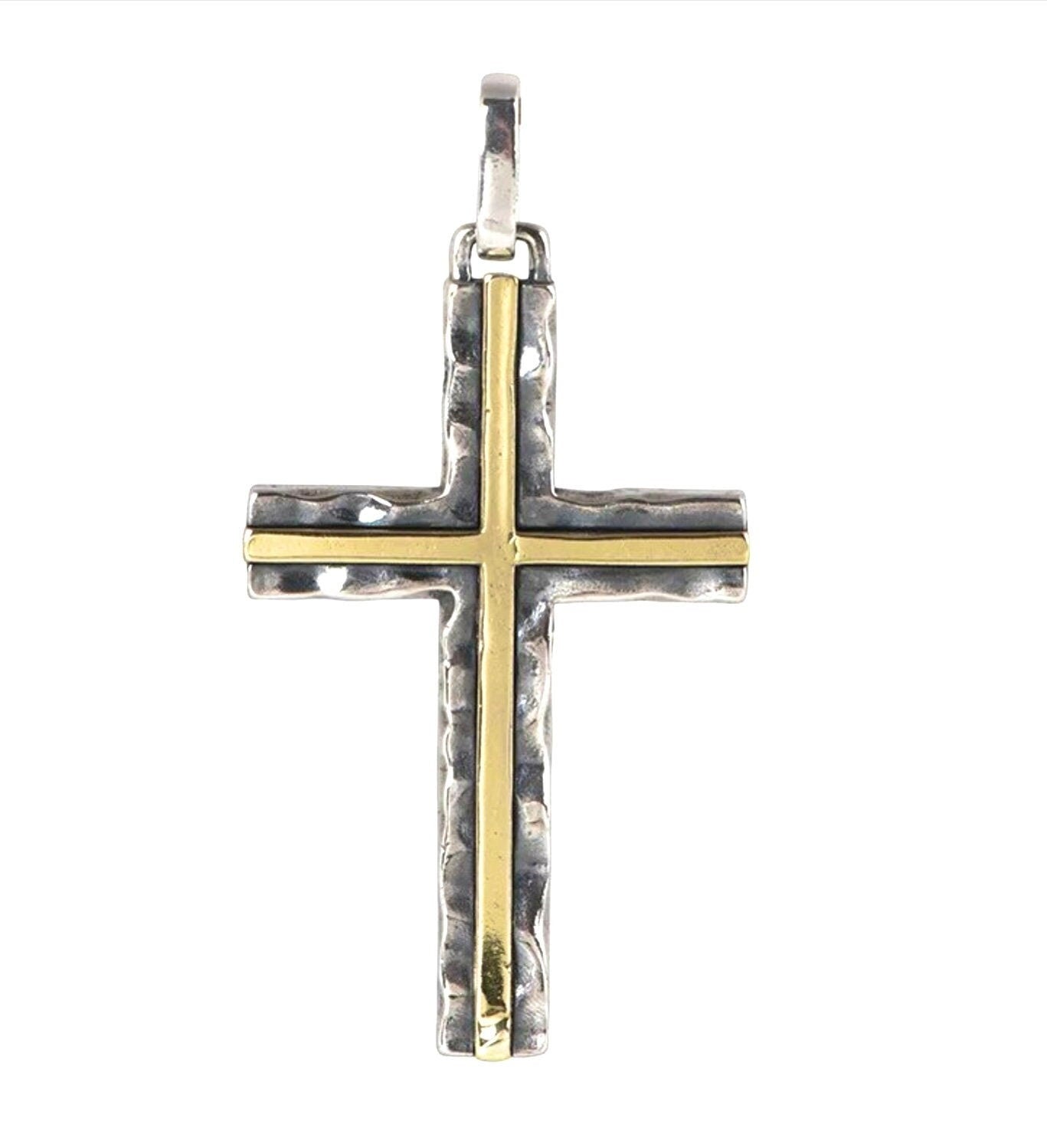 Hammered 2 Color Solid Sterling Silver Cross Necklace for men S925 with Brass inlay catholic crucifix