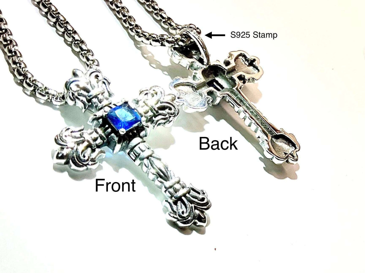 Blue Stone Solid Sterling Silver Cross Zircon Necklace S925 Jewelry Women Girls September birthstone Sapphire