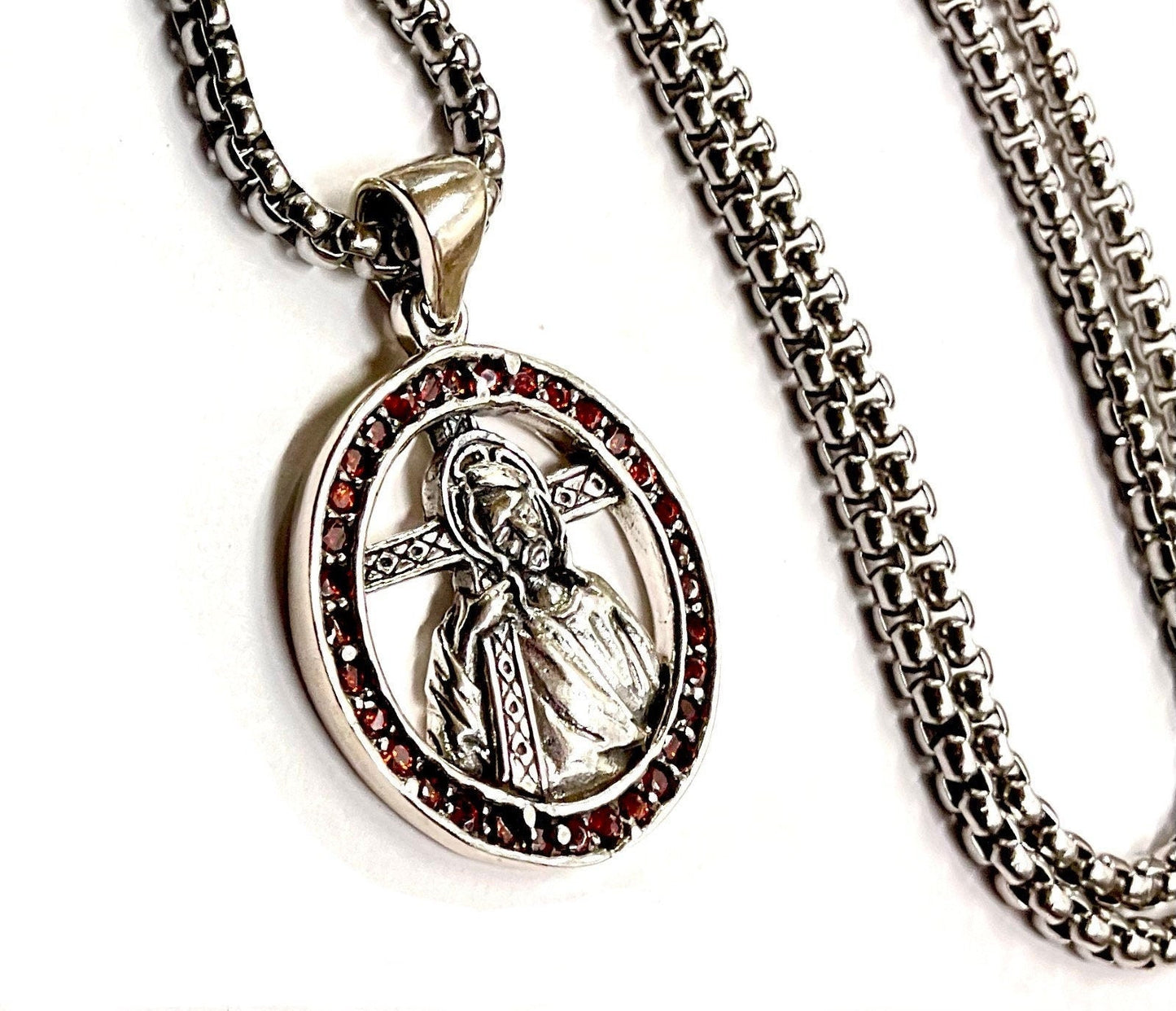 Solid sterling silver necklace jesus 14 stations of the cross via dolorosa way of sorrow red zircons S925 heirloom catholic