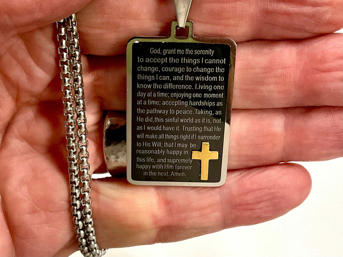 Heavy Black Full Serenity Prayer Necklace Dog Tag Inset Gold Cross with Chain Full Prayer Design Pendant for Mens Boys Christian Jewelry