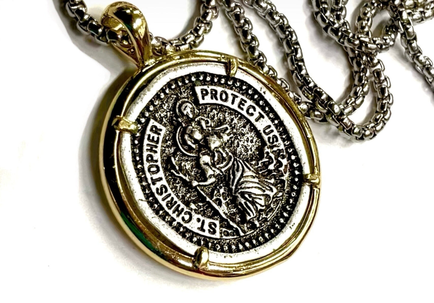 Saint christopher PROTECT us medal police officers soldiers silver cast medallion for man stainless steel chain patron saint