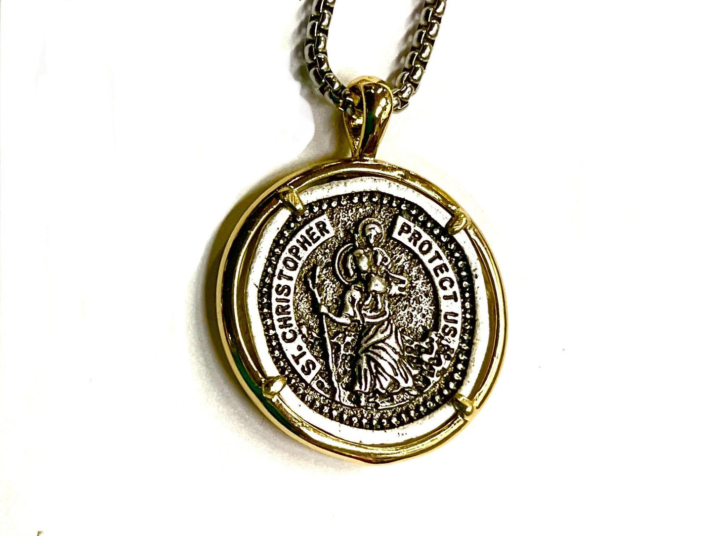 Saint christopher PROTECT us medal police officers soldiers silver cast medallion for man stainless steel chain patron saint