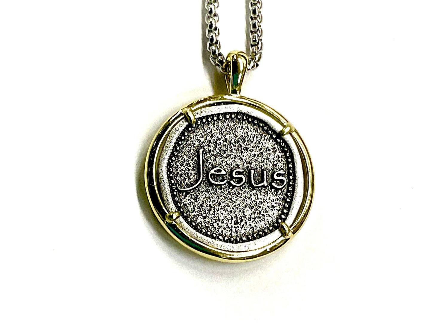Jesus Stamped Medal with Gold Trim Jesus Cross Silver Jesus Cast Medallion Stainless Steel Box Chain
