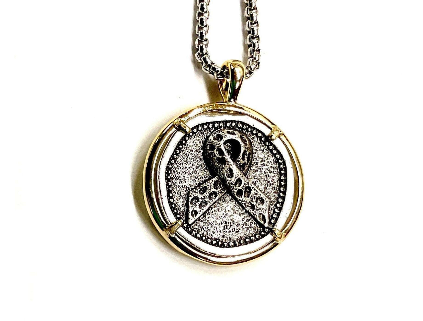 Breast Cancer Ribbon Necklace Medal Hope Love Cure Cast Medallion Stainless Steel Chain