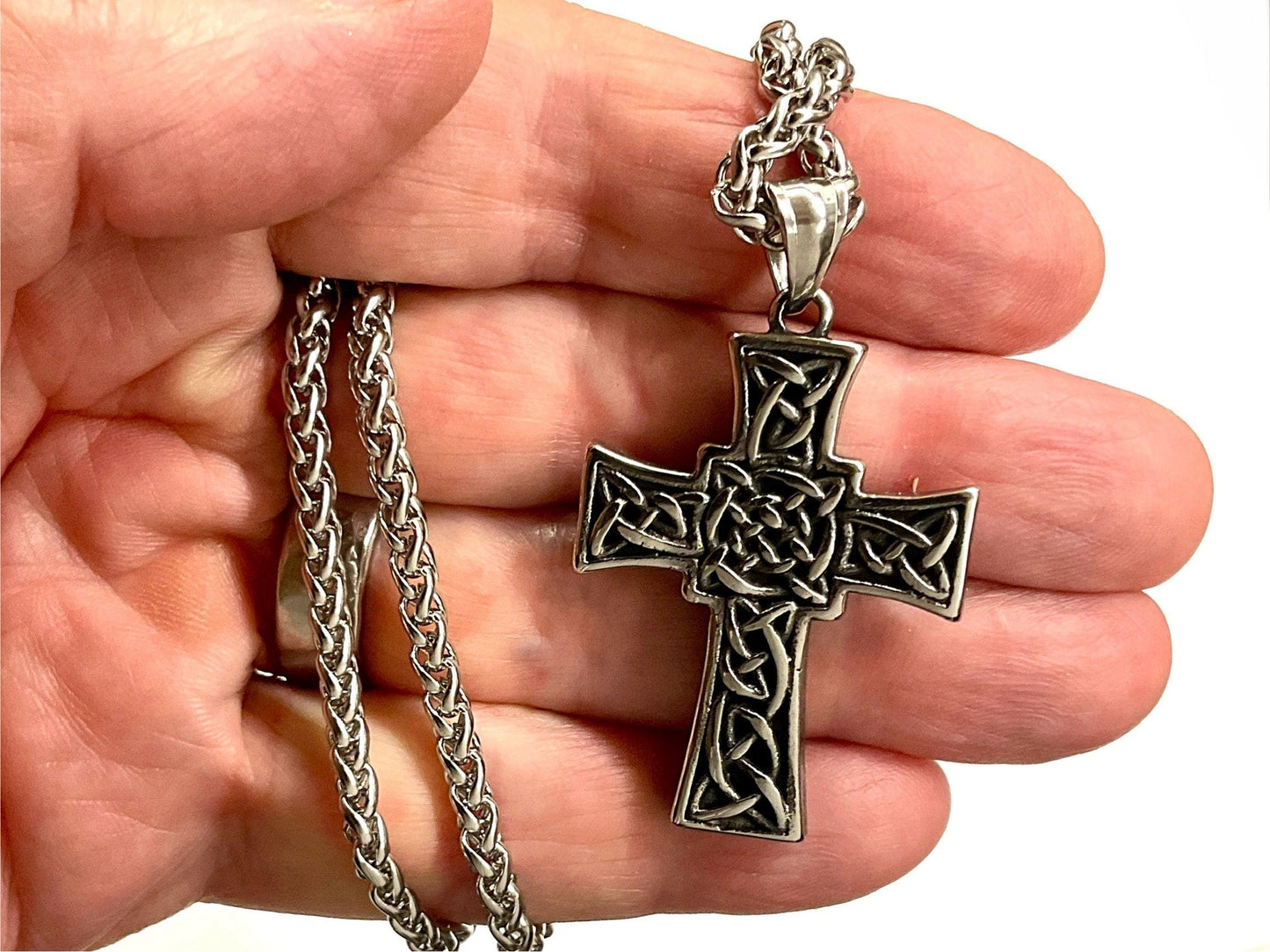 Reversible Silver Cross Necklace Celtic Irish Knot Red Blue Stone Catholic Crucifix Super Cross Vintage Filigree Viking Heavy Braided Chain