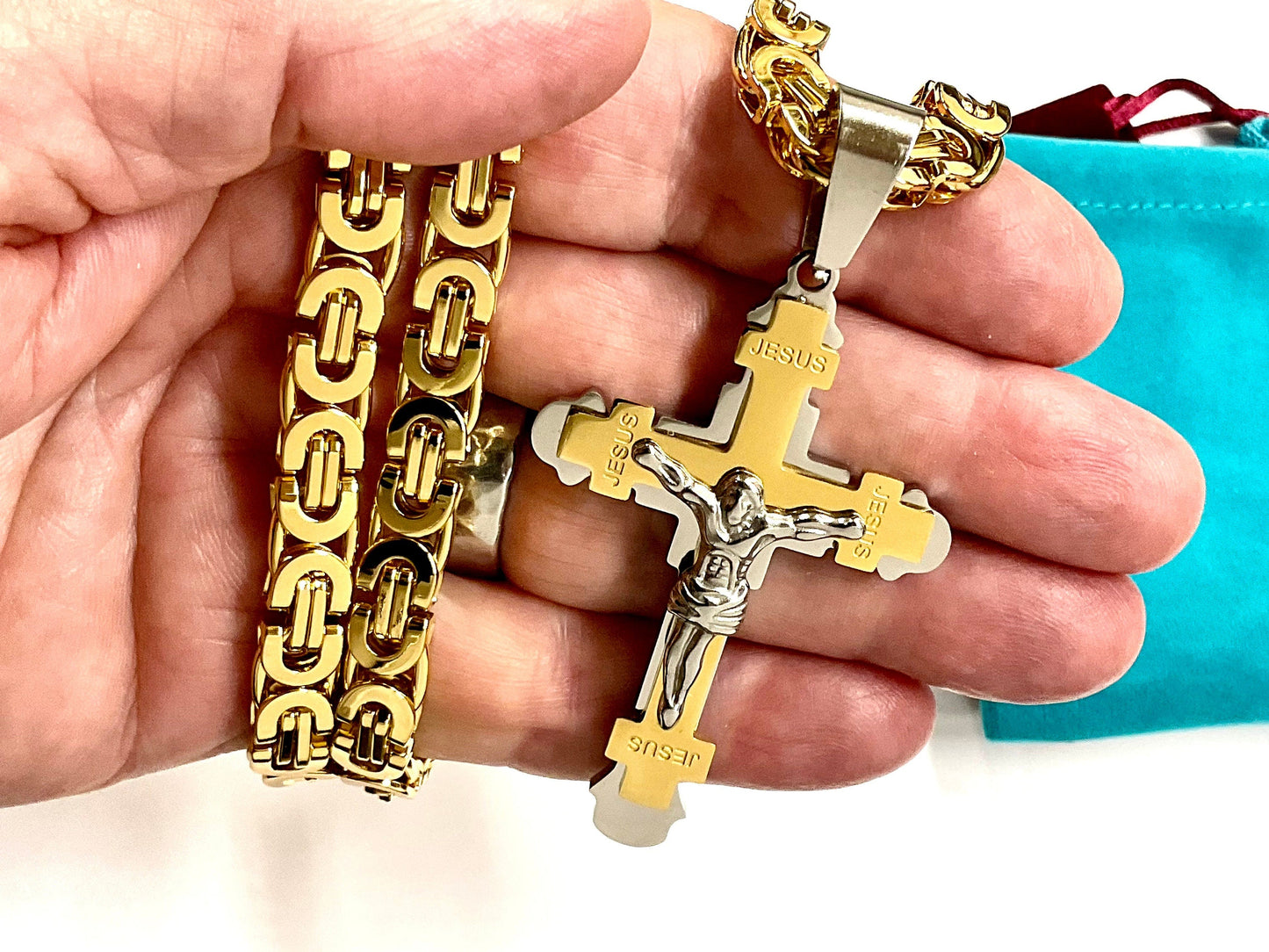 Scrolled Cross Crucifix Necklace with Byzantine Chain Stainless Steel Gothic Silver Gold Heavy Catholic Waterproof Jewelry
