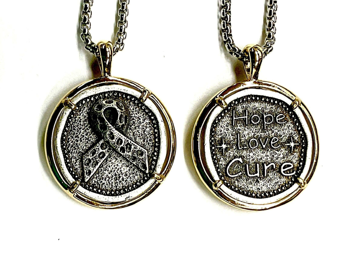 Breast Cancer Ribbon Necklace Medal Hope Love Cure Cast Medallion Stainless Steel Chain