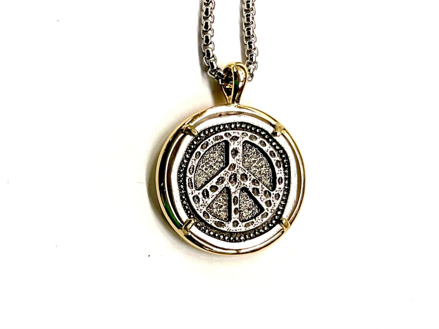 Peace Symbol Necklace Ribbon Medal Hope Love Cast Medallion Stainless Steel Chain