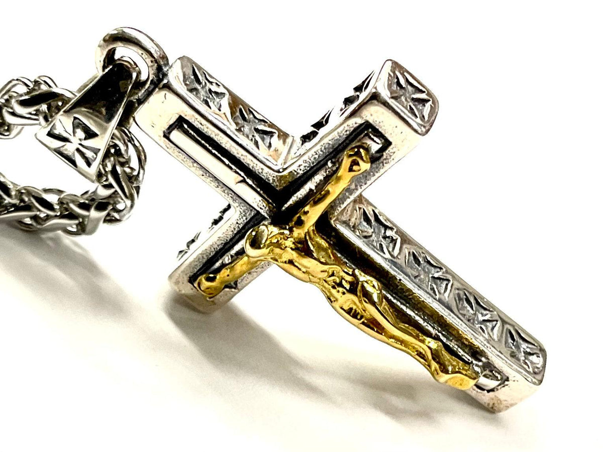Men's Thick Sterling Silver Cross Necklace | Two Tone Gold Crucifix