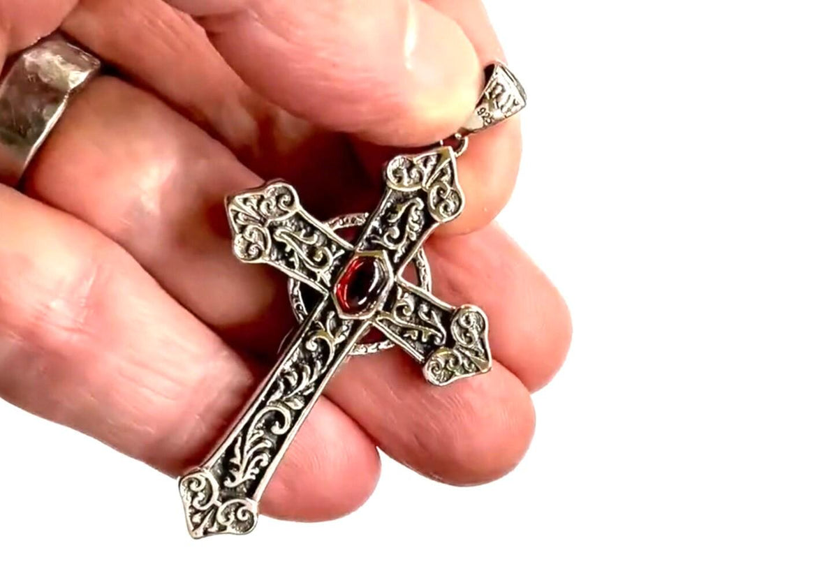 Celtic Sterling Silver Cross Necklace with Red Garnet
