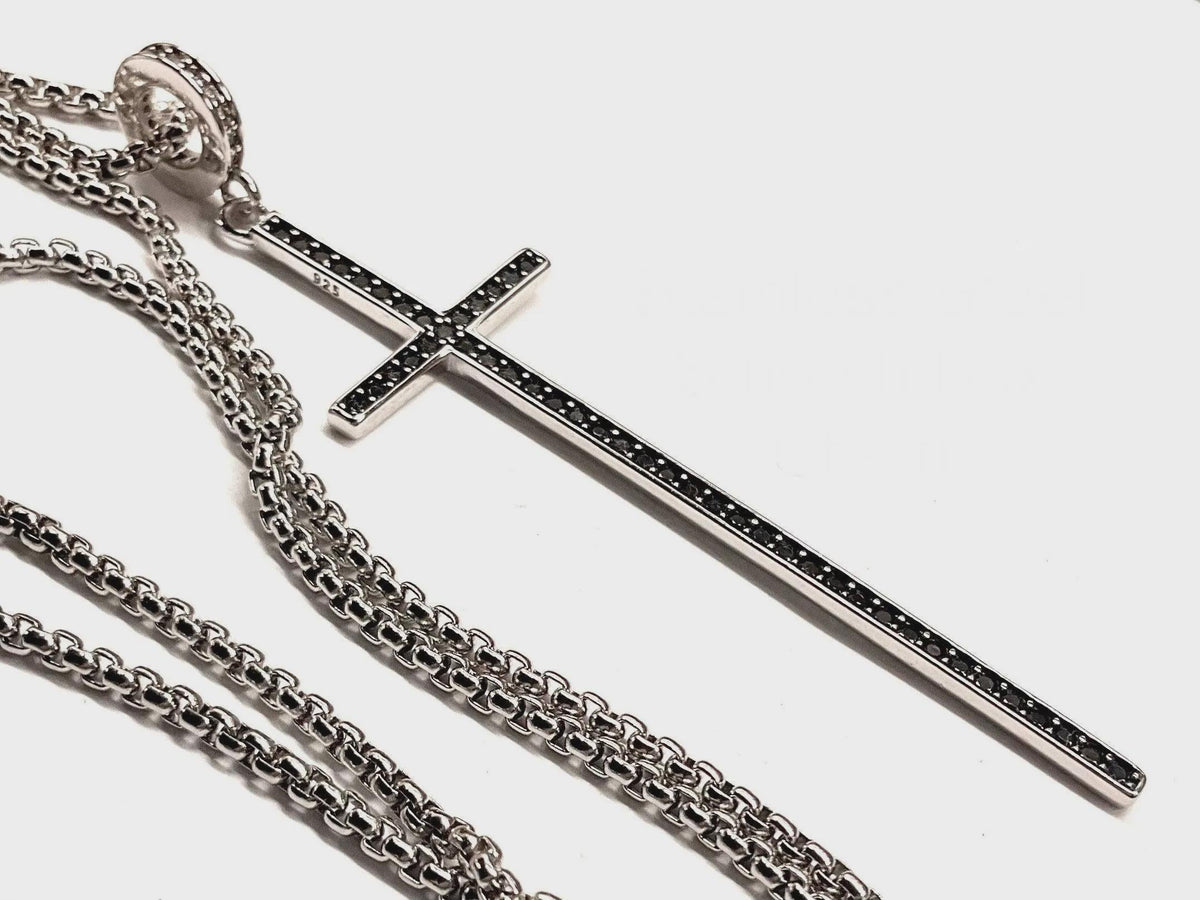 Long Sterling Silver Cross Necklace with Black CZ