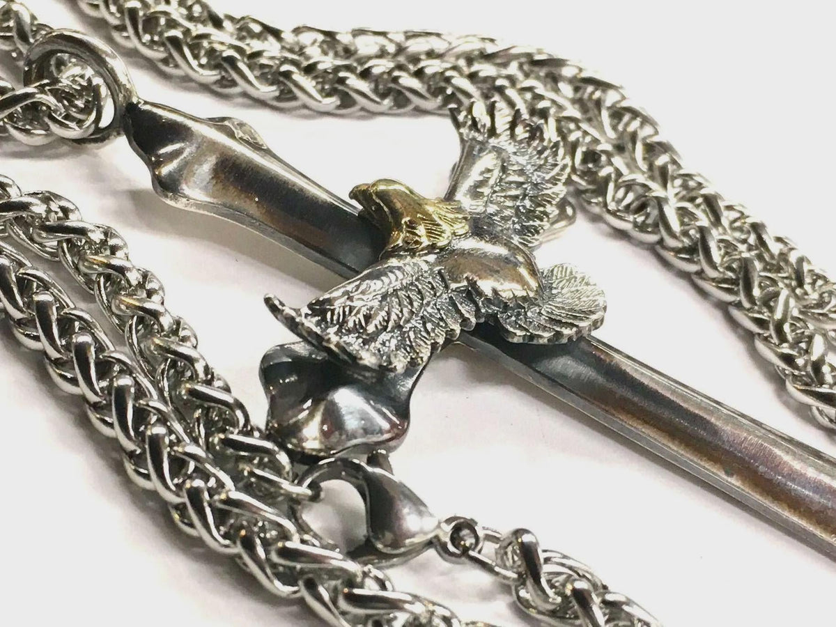 Men's Sterling Silver Western Cross Necklace | Heavy Eagle Pendant