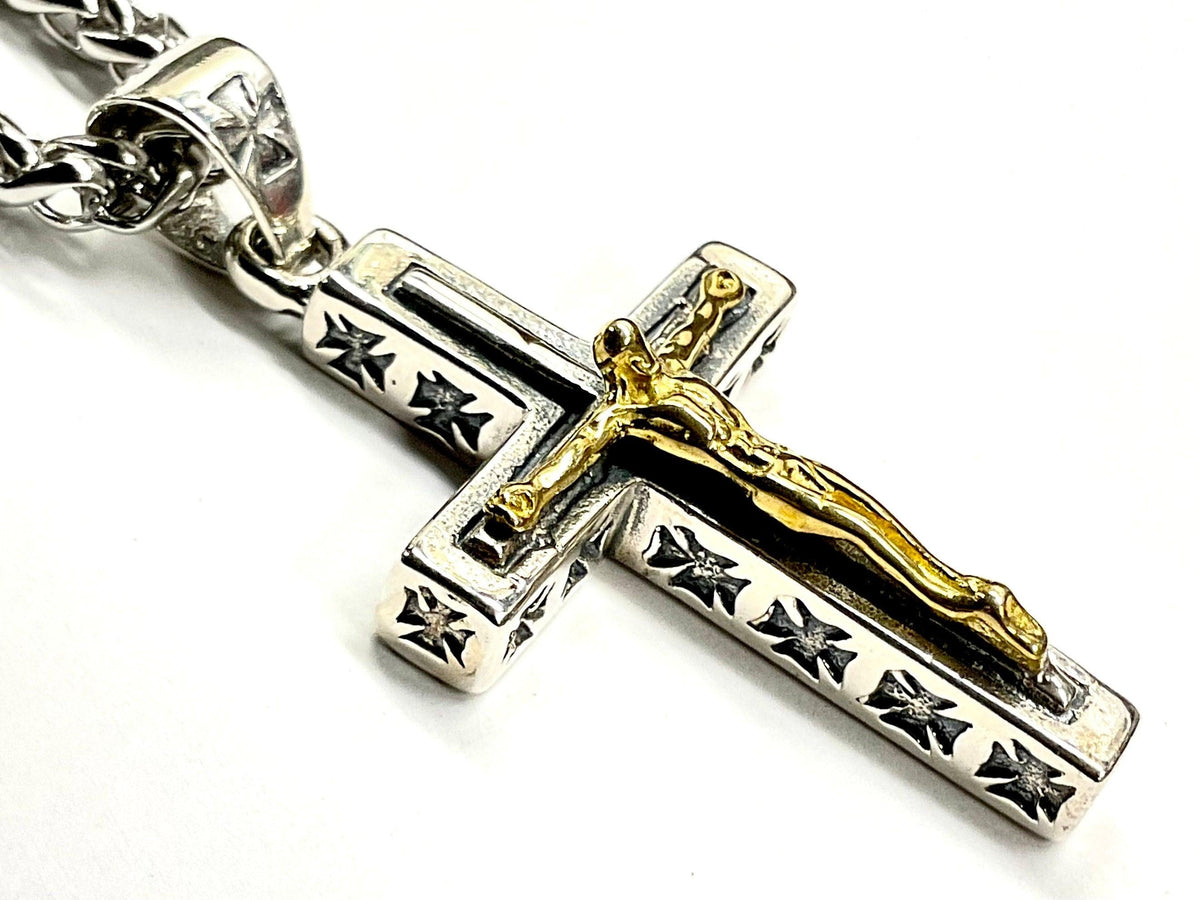 Men's Thick Sterling Silver Cross Necklace | Two Tone Gold Crucifix