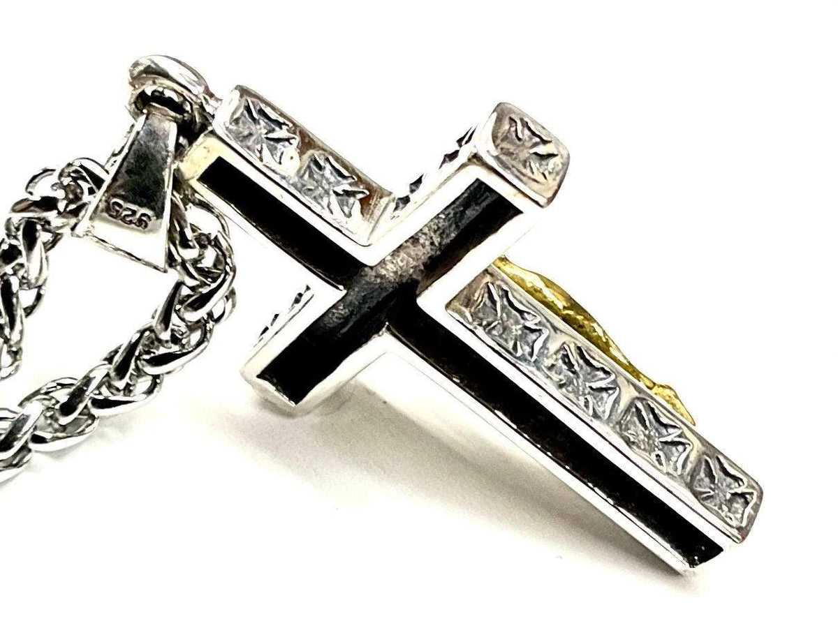 Men's Thick Sterling Silver Cross Necklace | Two Tone Gold Crucifix