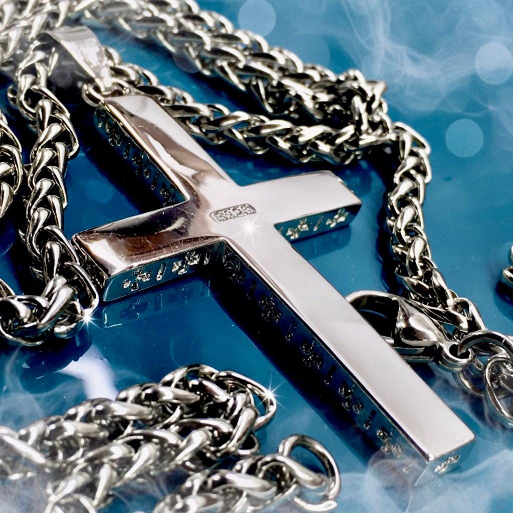 Sterling Silver Black Inlay Cross Necklace with Wheat Chain