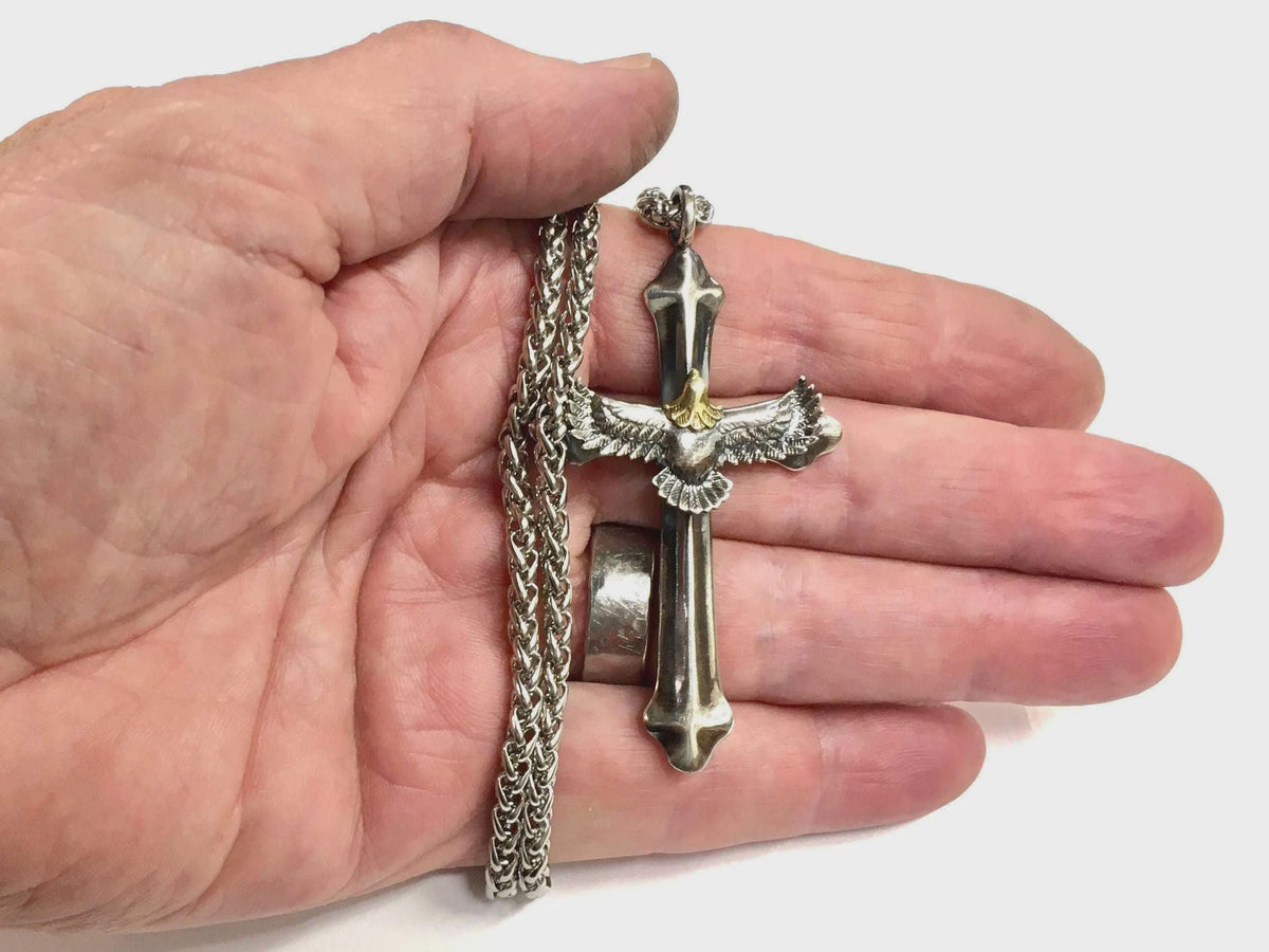 Men's Sterling Silver Western Cross Necklace | Heavy Eagle Pendant