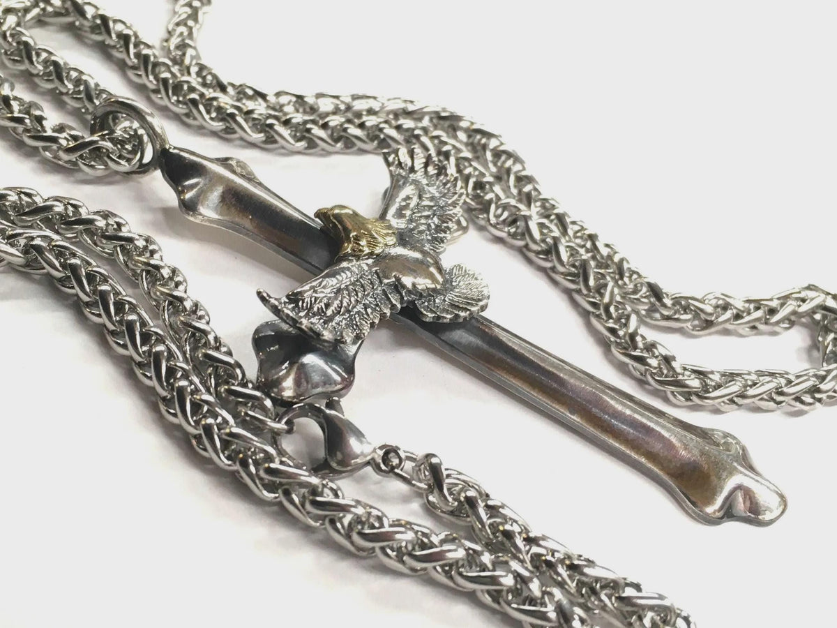 Men's Sterling Silver Western Cross Necklace | Heavy Eagle Pendant