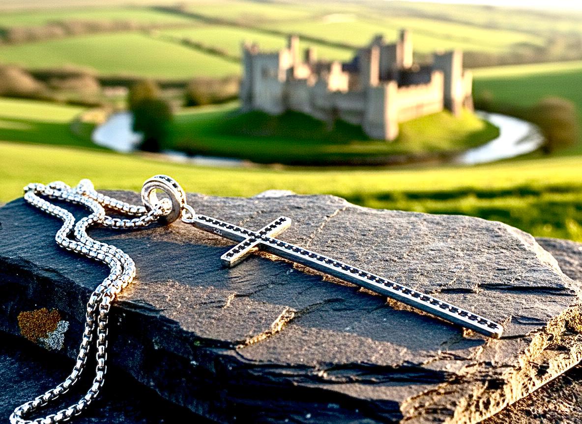 Long Sterling Silver Cross Necklace with Black CZ