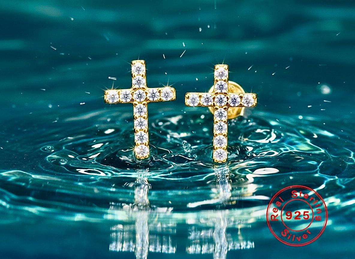 Sterling Silver Cross Cuff Earrings, Colored CZ, Silver or Gold