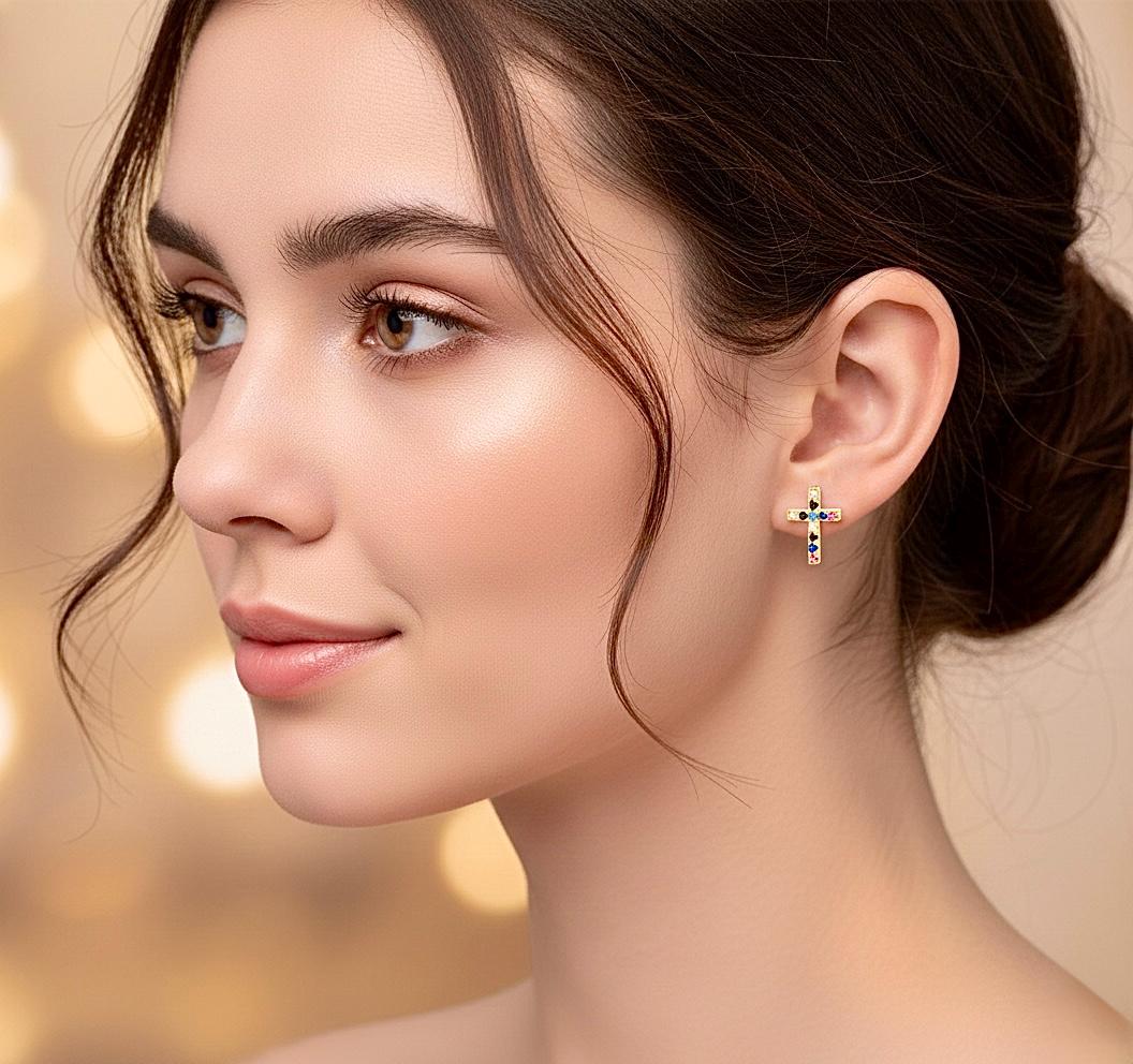 Sterling Silver Cross Cuff Earrings, Colored CZ, Silver or Gold