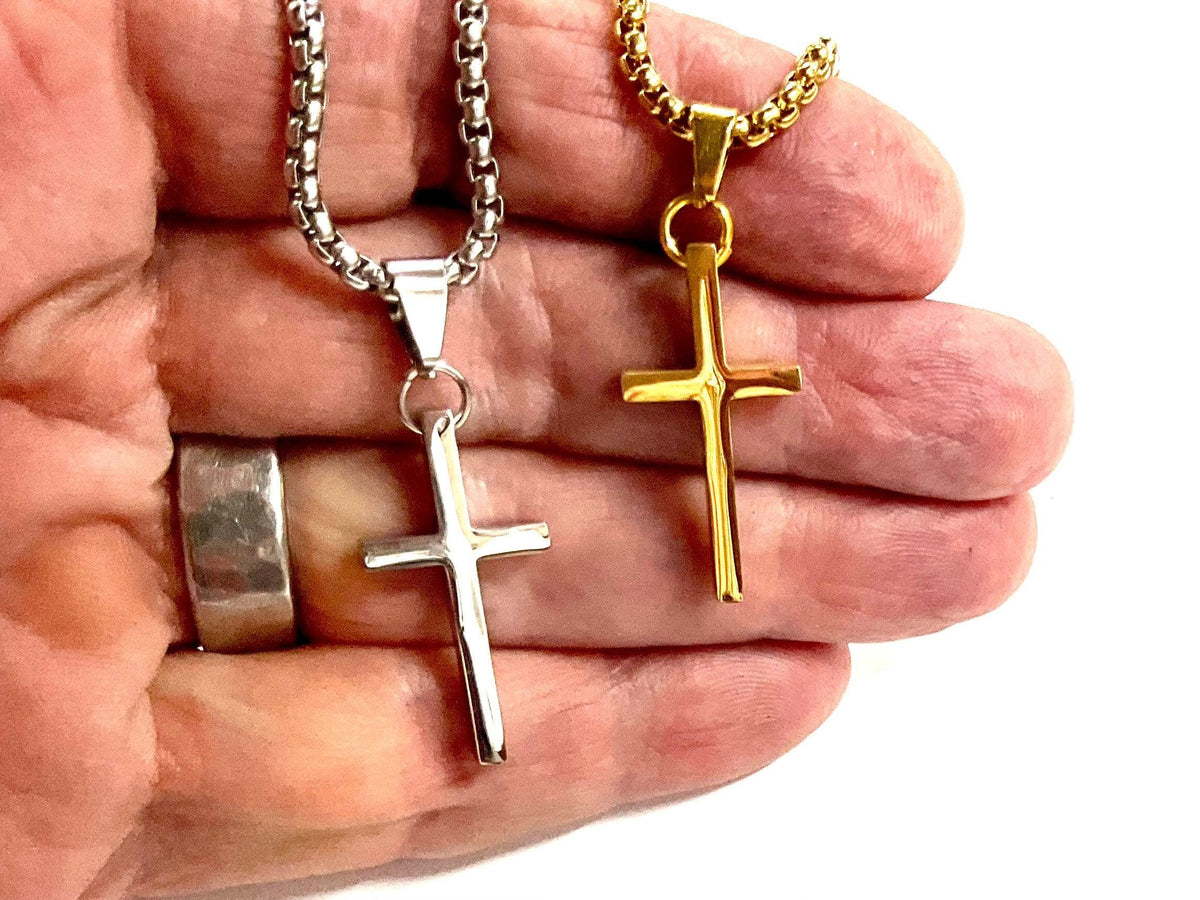 Sleek Silver Cross Necklace Men Women, Waterproof Steel Pendant