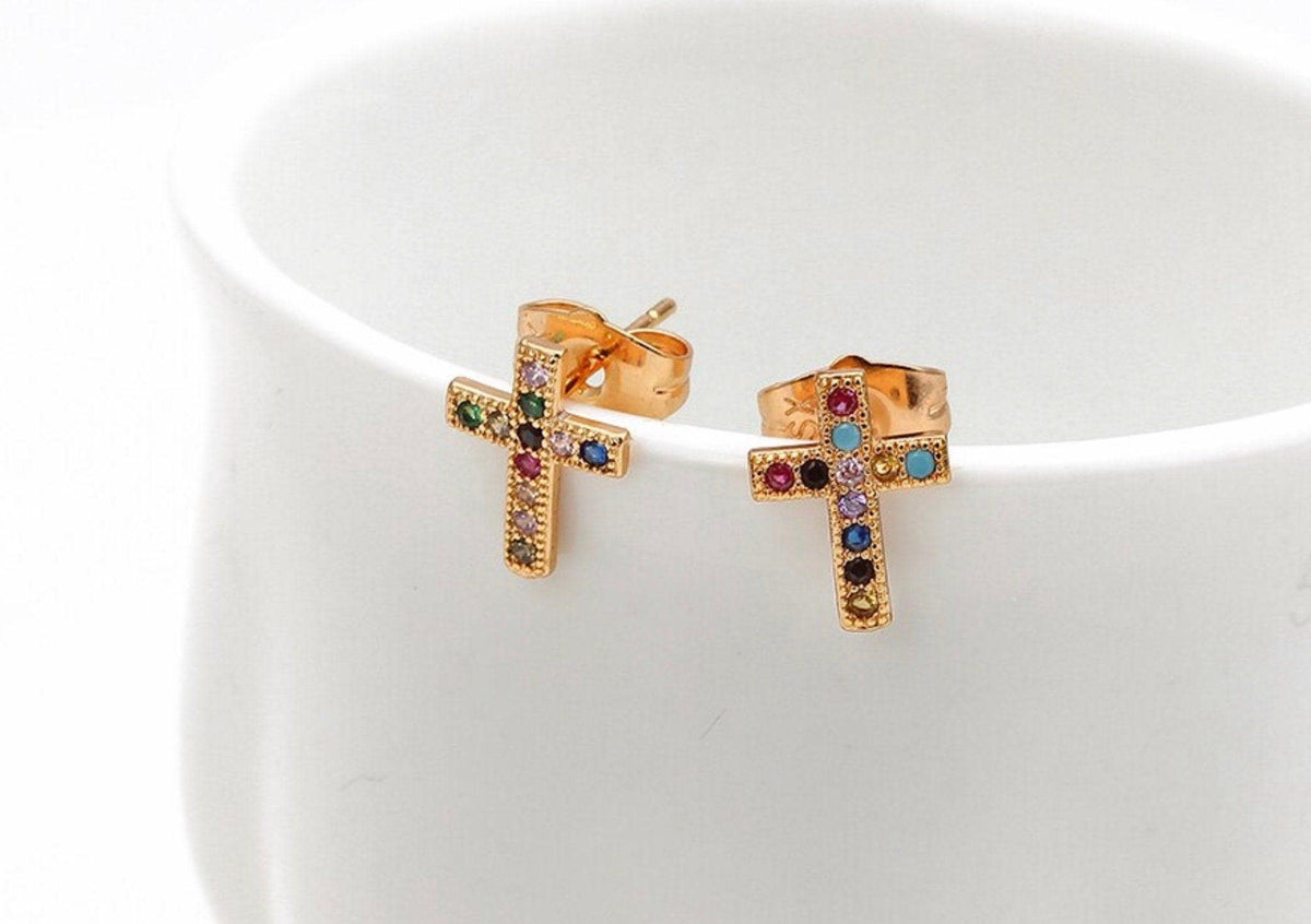 Gold Cross Stud Earrings, Dainty Rainbow Multi Color CZ Jewelry