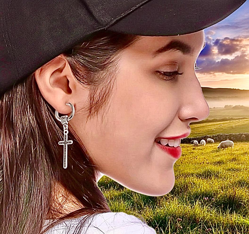 Viking Cross Dangle Earrings, Long Celtic Irish Hoop Drops
