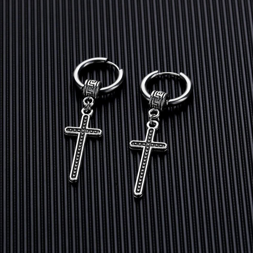 Viking Cross Dangle Earrings, Long Celtic Irish Hoop Drops