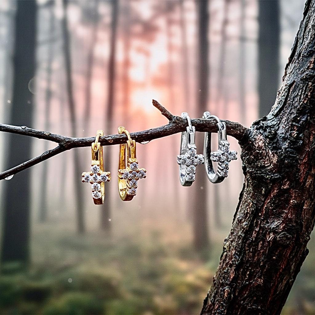 Cross Huggie Earrings Sterling Silver, CZ Wrap Cuff Hoops