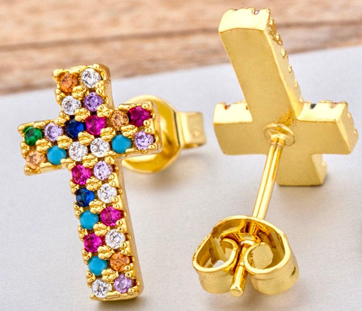 Rainbow Cross Stud Earrings - Gold Multi Color CZ Cross Jewelry