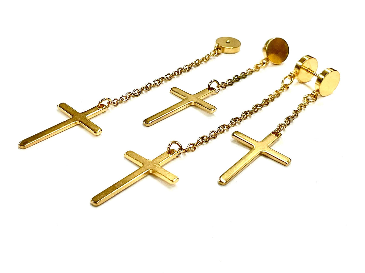 Double Cross Long Chain Earrings, Gold or Silver